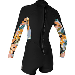 2023 O'Neill Womens Bahia 2/1mm Long Sleeve Back Zip Shorty Wetsuit 5291 - Black / Demiflor